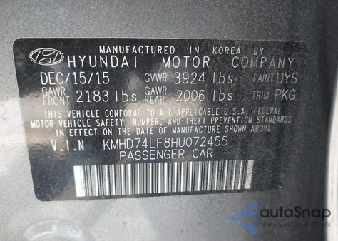 2017 Hyundai Elantra Se from USA, damaged, VIN KMHD74LF8HU072455